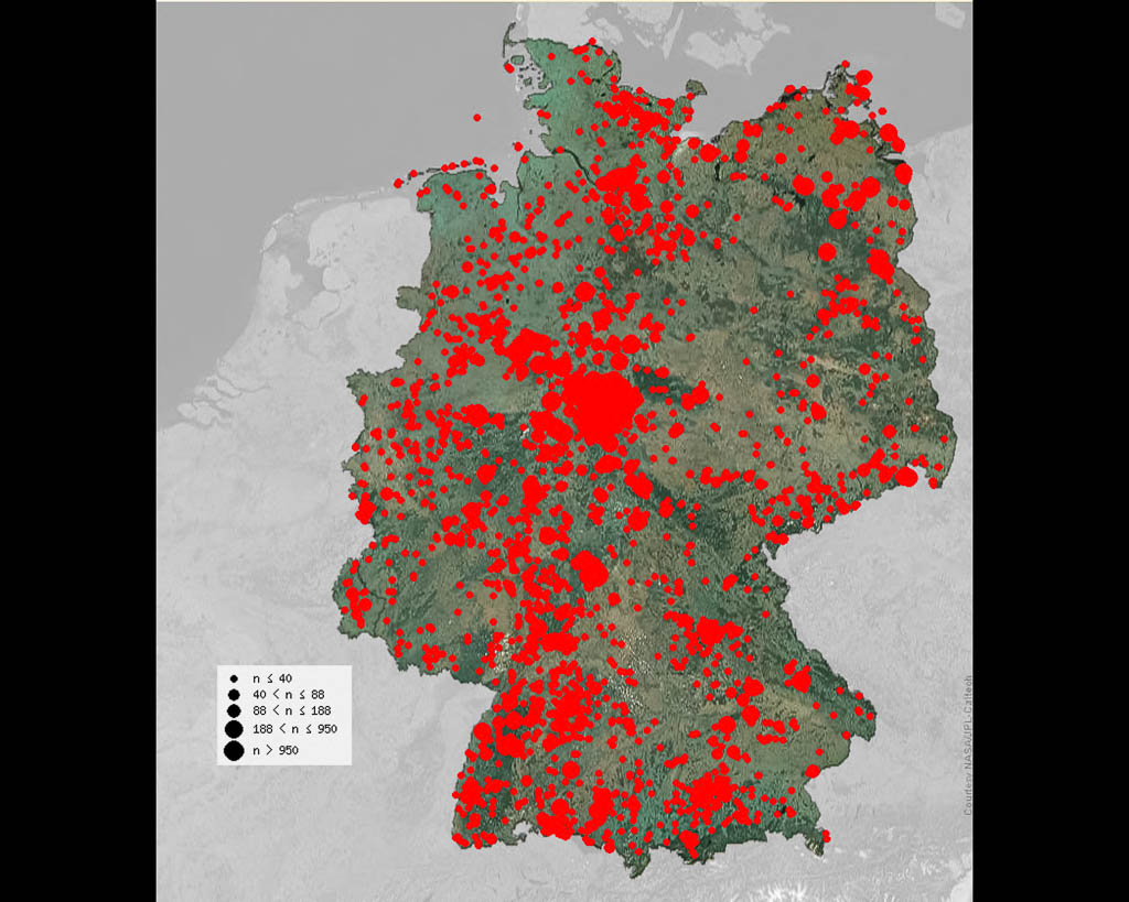 Ein Karte von ornitho.de, die die Winterverbreitung von Bergfinken von Januar bis Mitte März darstellt. 
